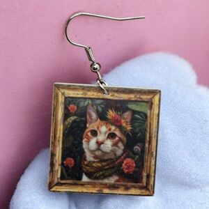 Orange Tabby Cat Floral Famous Oil Painting Earrings Dangle Pierced Ears Jewelry